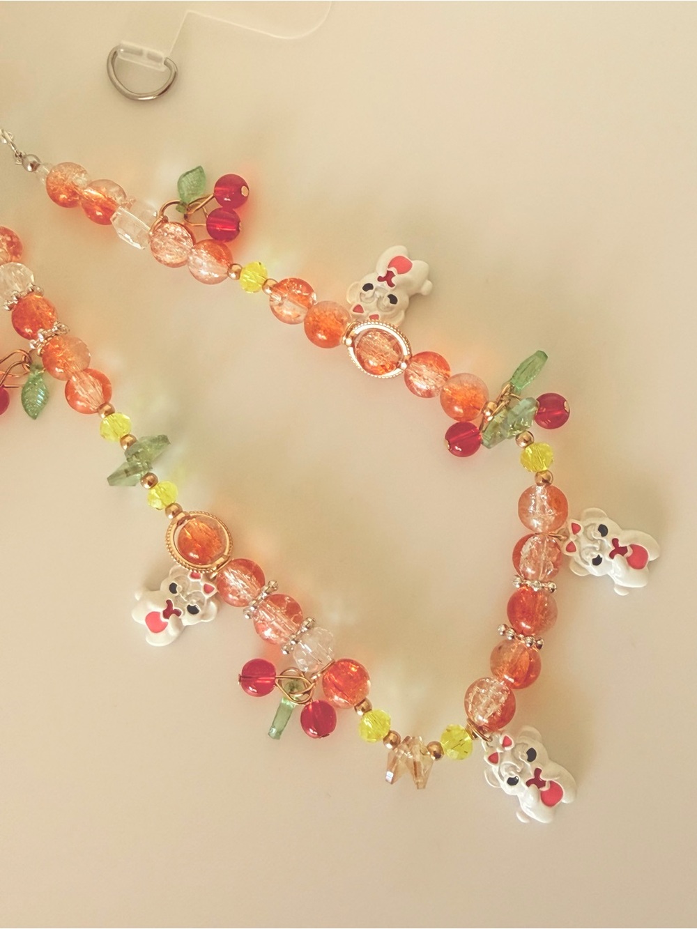 Handmade Orange Glass Bead Celphone Charm with White Cat & Cherry Charm